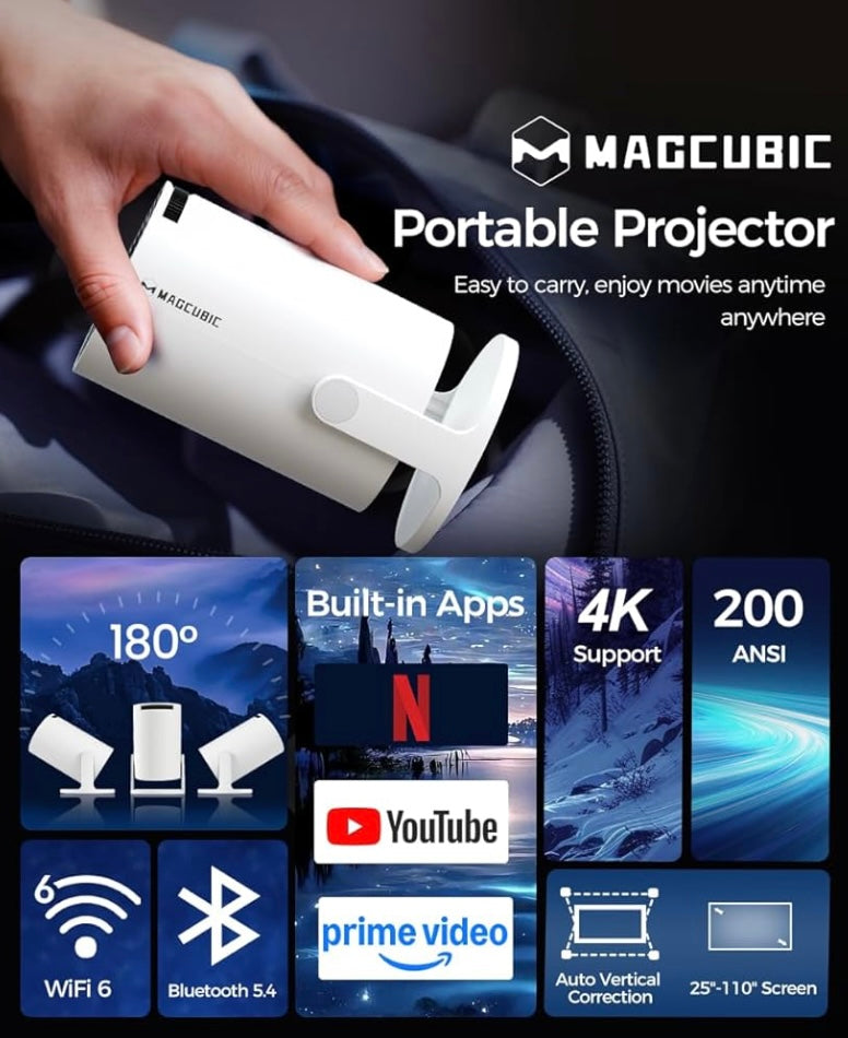 Magcubic 2026 Upgraded HY300PRO Mini Projector with WiFi and Bluetooth, Portable Projector 4K Support, Auto Keystone, 180 Degree Rotation, Smart Proyector for Home Outdoor